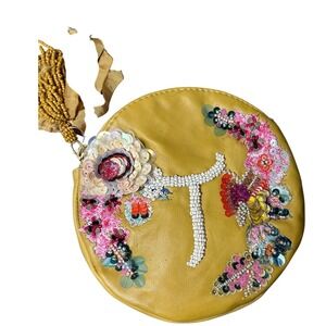 NWT Anna Sui Anthropologie Embellished Leather Round Coin Purse Letter T